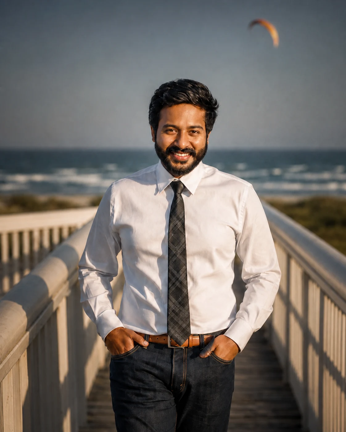 Jay Studio photographer standing on a coastal boardwalk