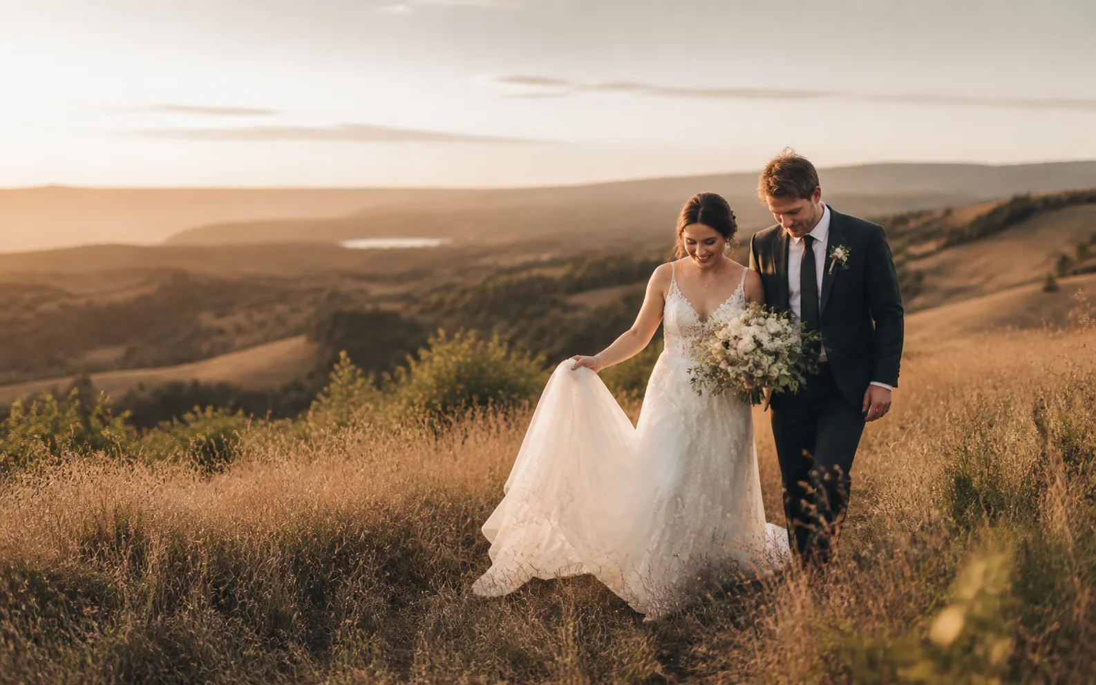 A couple walking together at golden hour
